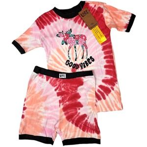Lazy One Good Vibes Girls Sz 10 Moose Pajama Set 2pc Cotton Tye Dye NWT
